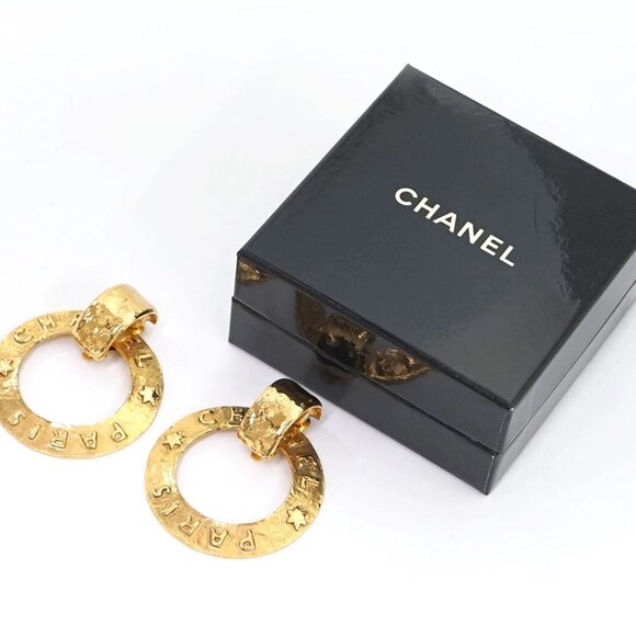 CHANEL PARIS 2 way Round Hoop Earrings Gold Tone 28 Auth w/Box - Picture 14 of 16